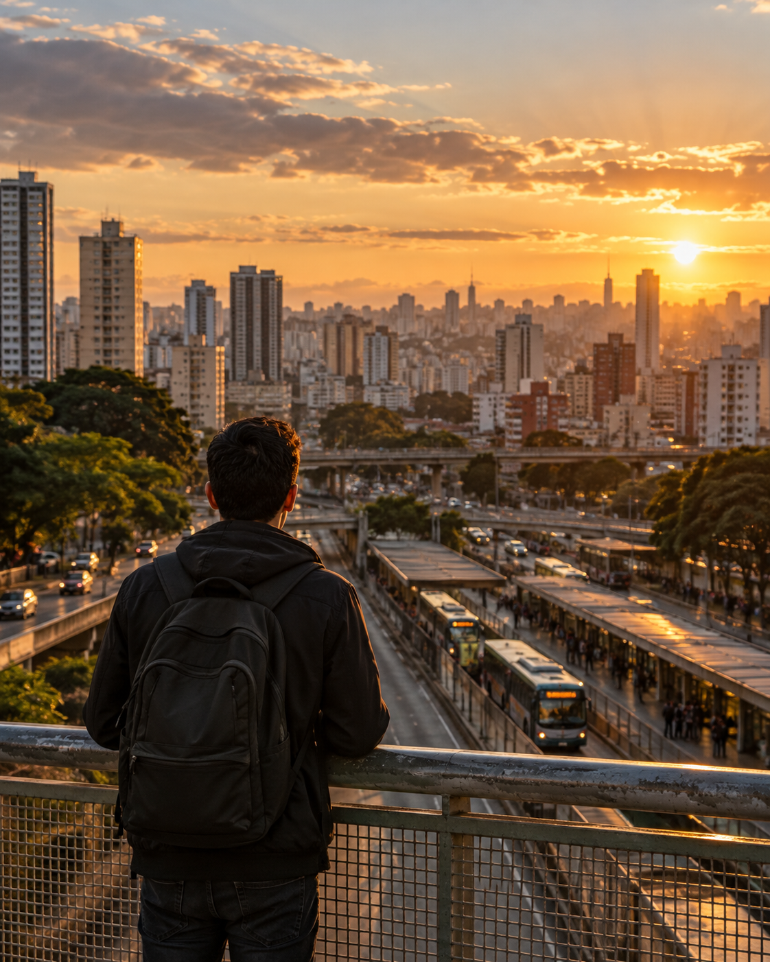 Imagem ilustrativa de um jovem visto de costas diante de uma cidade ao entardecer