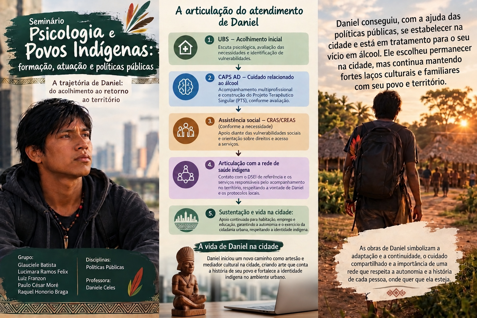 Infográfico do grupo com a trajetória fictícia de Daniel: UBS, CAPS AD, assistência social, rede de saúde indígena e apoio à vida na cidade. O desfecho informa que Daniel escolheu permanecer na cidade e manter vínculos com seu povo e território.